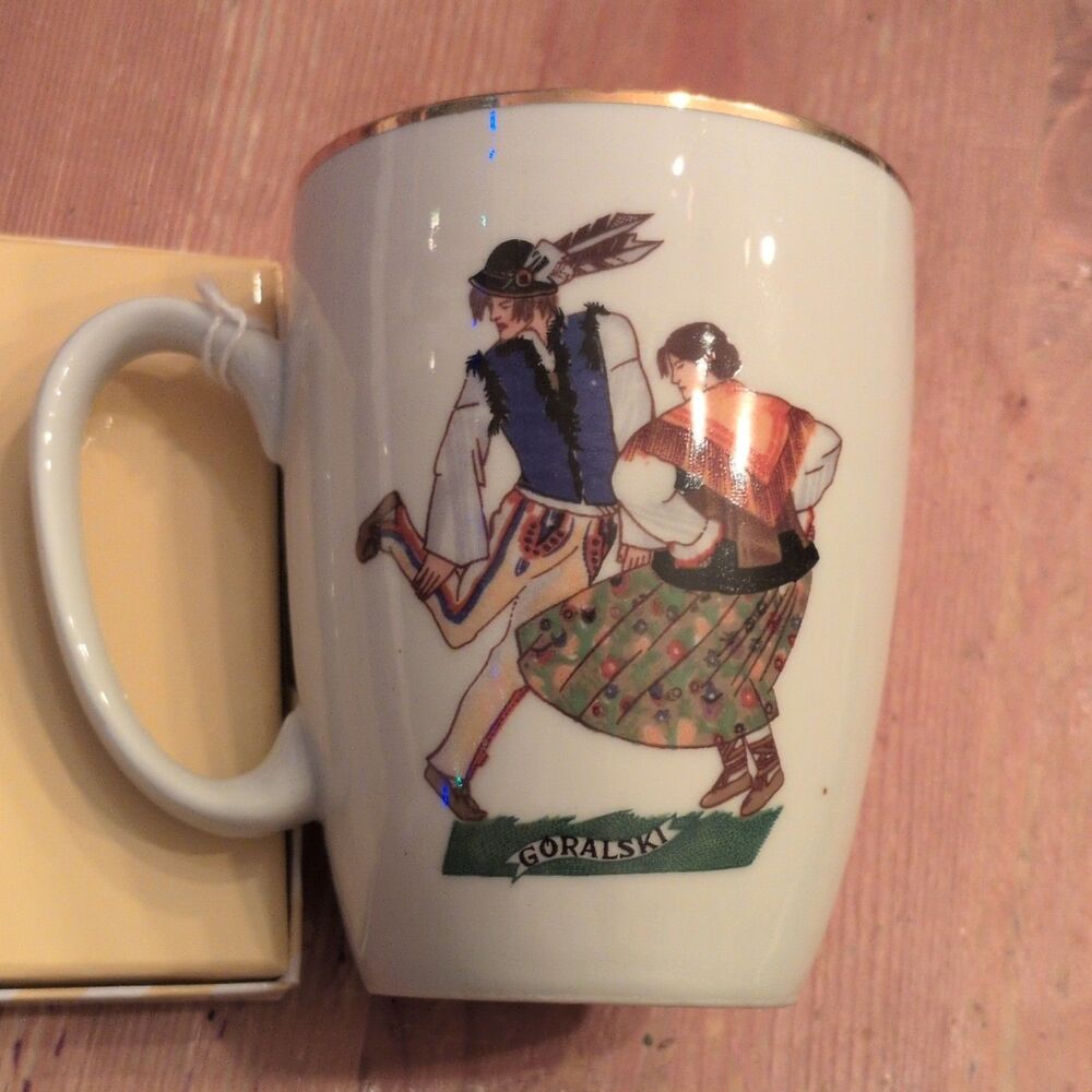 Karolina Porcelain Mug Góralski Folk Art Pattern White Poland collectable